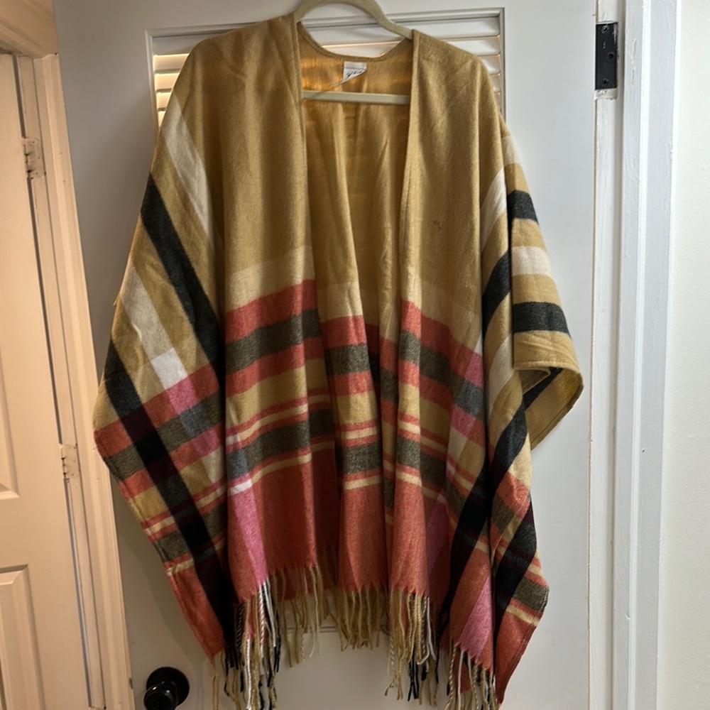 Woolrich Black and Tan Geometric Poncho with Fringe
